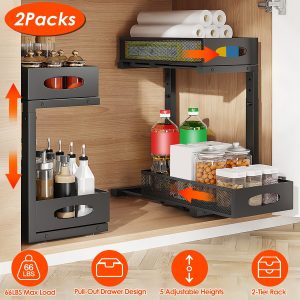 2Pcs Under Sink Organizer 2 Tier Pull Out Cabinet Baskets Storage Shelf Sliding Storage Drawers Rack With 5