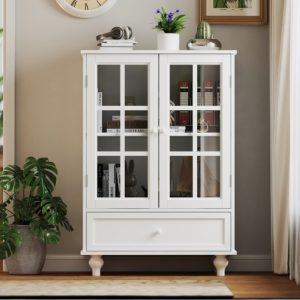 Minimalist White Buffet Cabinet With Double Glass Doors And Drawer, Modern Wooden Storage Sideboard Cupboard