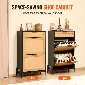 Rattan Shoe Cabinet, Narrow Shoe Storage Organizer With 2 Flip Rattan Drawers & 1 Slide Drawer, Metal