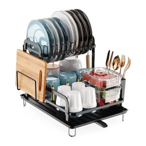 2-Tier Dish Drying Rack For Kitchen Counter Space Saving Rustproof Dish Rack With Drainboard Detachable